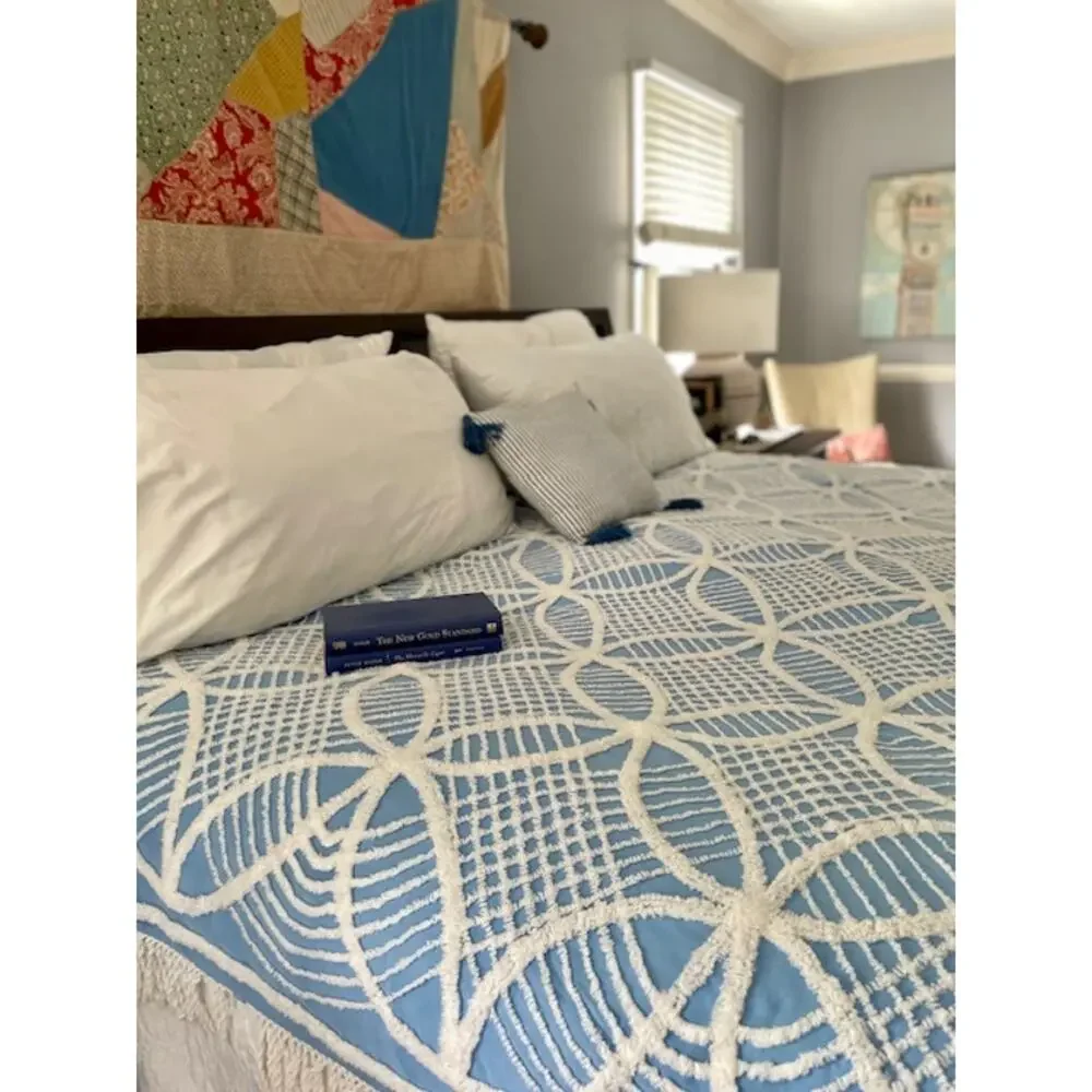 Vintage Blue White Chenille Bedspread 90x96 Full Queen Cottagecore Shabby Chic